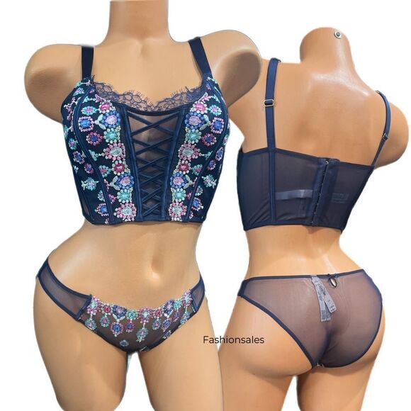 Victorias Secret Dream Angels Lace-up Embroidered Corset Top Bra Cheekini Panty - Picture 2 of 4